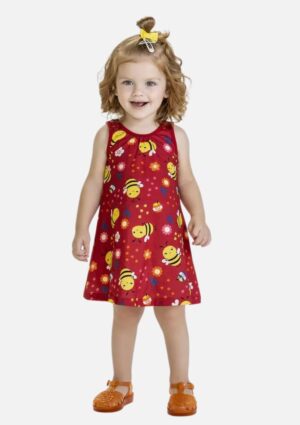 Vestido Kyly Infantil Estampado Com Abelhas E Flores De Algodão