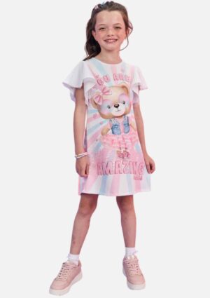 Vestido Kukiê Juvenil Estampado Em Fly Tech E Tule Poá