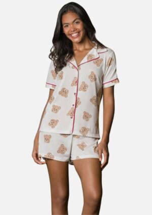 Pijama Curto Com Botões Estampa Urso Bocejinho