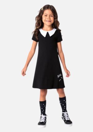 Vestido Malwee Kids Infantil Gola Ribana Inspiração Wandinha