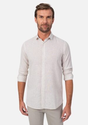 Camisa Masculina De Linho E Algodão Areia Com Manga Longa Resumo