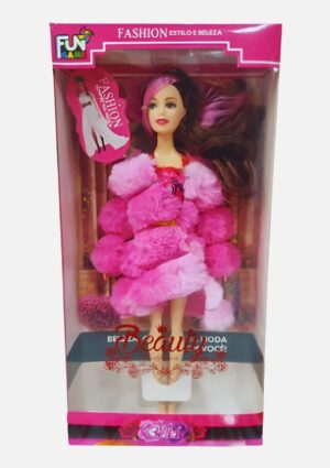 Boneca Bella Com Sobretudo De Pluma E Cabelo Rosa Fun Game
