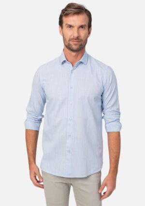 Camisa Masculina De Linho E Algodão Azul Com Manga Longa Resumo