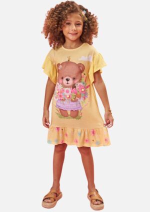 Vestido Kukiê Juvenil Amarelo Ursinho Estampado Malha Wave