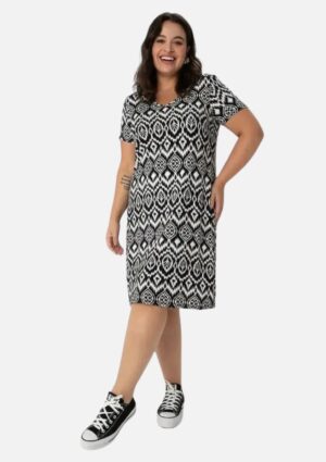 Vestido Malwee Plus Size Estampado Preto e Branco