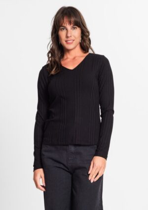 Blusa Feminina Manga Longa Em Ribana Canelada Preta Rovitex