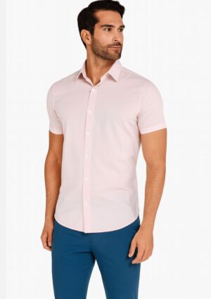 Camisa Masculina Manga Curta Casual Slim Rosa Clara Ogochi