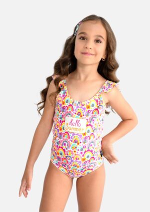 Maiô Marujos & Sereias Infantil Estampa Arco-íris Com Babado Proteção Uv50+