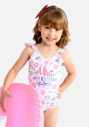Maiô Marujos & Sereias Infantil Estampado Com Babados Proteção Uv50+