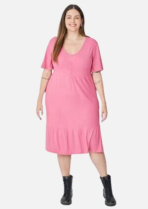 Vestido Malwee Plus Size Manga Ampla Em Malha Canelada De Viscose Rosa