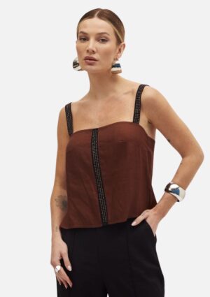 Blusa Feminina Slim De Alça Em Linho Com Detalhes Marrom Sommer