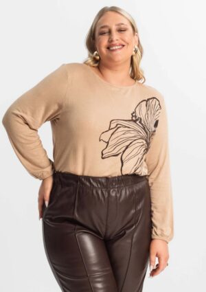 Blusa Secret Glam Plus Size Manga 7/8 Marrom