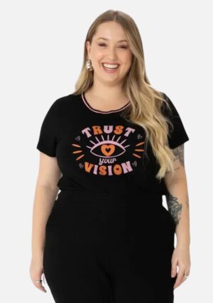 Camiseta Malwee Feminina Plus Size Gola Retilínea Estampada Em Viscose Stretch Preto