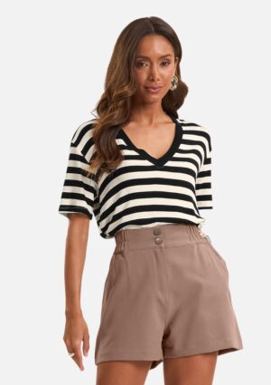 Blusa Feminina Básica Canelada Listrada Manga Curta Rovitex