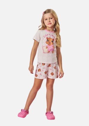 Pijama Menina Verão Em Cotton Linho Estampa Capivara Cinti
