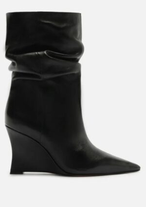 Bota Preta Couro Salto Anabela Alto Slouchy Arezzo