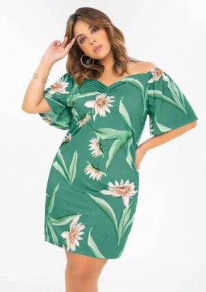 Vestido Ciganinha Floral Verde Plus Size Rovitex