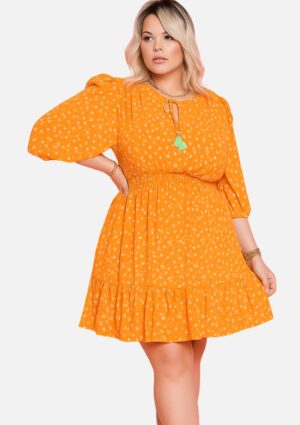 Vestido Curto Manga 3/4 Crepe Laranja Maxi Plus