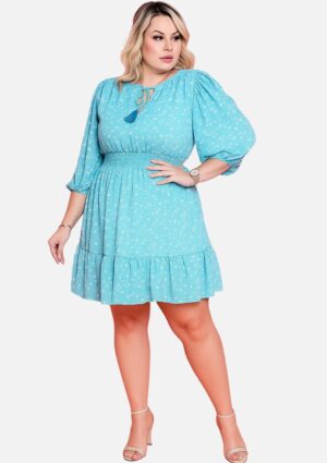 Vestido Curto Manga 3/4 Crepe Azul Maxi Plus