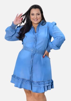 Vestido Jeans Manga Longa Plus Size Marileti