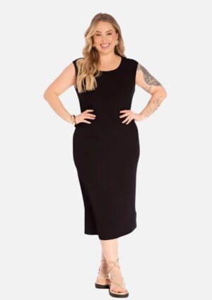Vestido Midi Ribana Canelado Preto Plus Size Lisamour