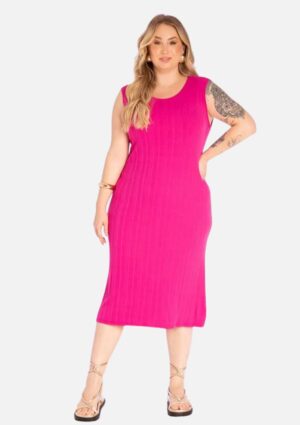 Vestido Midi Ribana Canelado Magenta Plus Size Lisamour