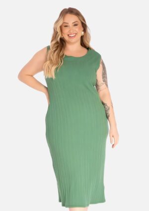Vestido Midi Ribana Canelado Verde Alga Lisamour