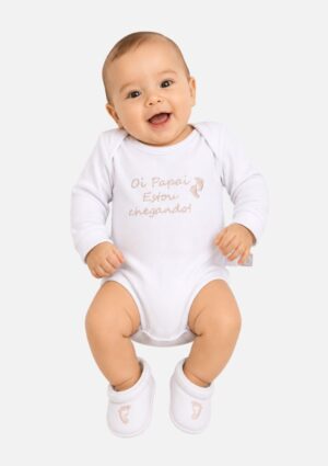Kit Presente Body Manga Longa Bordado + Sapatinho “Oi papai, estou chegando”