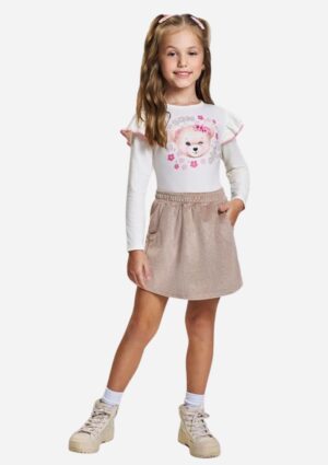 Conjunto Juvenil Ursinha com Saia Veludo Foil Cinti