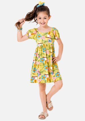 Vestido Manga Curta Infantil Menina Estampado Fakini