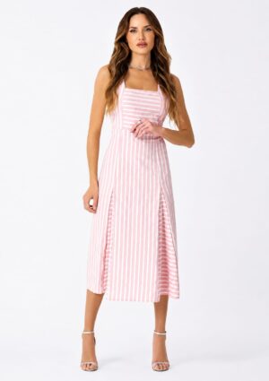Vestido Cativa Midi Feminino Listrado Gris Rosa