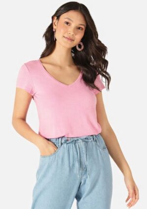 Blusa Feminina Rosa Básica Mullet Com Decote V Malwee