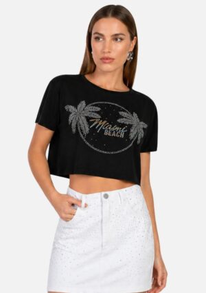 T-shirt Feminina Cropped Solta Miami Beach Preta Flor De Lis