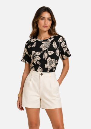 Blusa T-Shirt Feminina Decote Redondo Estampada Preta Morena Rosa