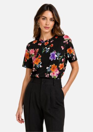 Blusa Feminina Decote Redondo Estampada Preta Morena Rosa