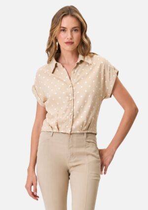 Camisa Feminina Cropped Solta De Manga Curta Khaki Flor De Lis