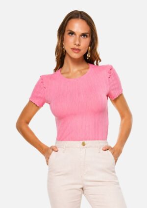 Blusa Feminina Canelada Justa Meia Manga Flor De Lis