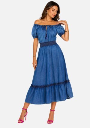 Vestido Jeans Ombro A Ombro Onça Preta