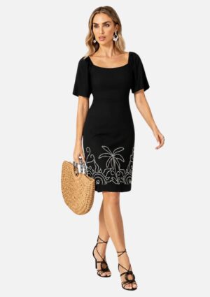 Vestido De Linho Com Bordado Decote Quadrado Cativa Linha Gris