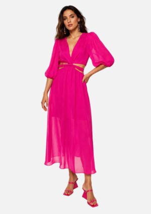Vestido Solto Maxi Midi Manga Bufante Com Strass Flor De Lis