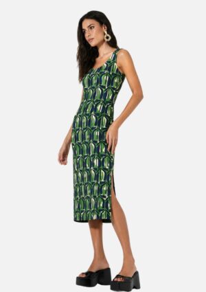 Vestido Midi Slim Decote U Com Alças Estampa Geométrica Sommer