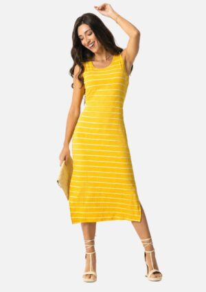 Vestido Listrado Com Fenda Amarelo Habana