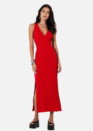 Vestido Slim Canelado Gola V Com Abertura Vermelho Sommer