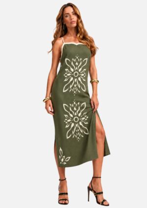 Vestido Midi De Alça Em Linho Gris