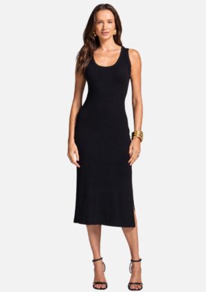 Vestido Preto Slim Canelado Com Abertura Lateral Sommer