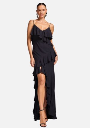Vestido Preto Com Babados Plissados E Fenda Sommer