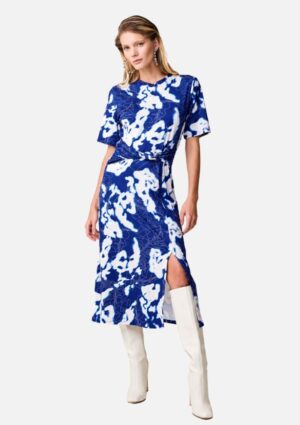 Vestido Midi Decote Redondo Detalhe Frente Azul Maria.Valentina