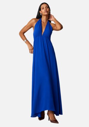 Vestido Longo Decote Torção Amarração Cóstas Azul Maria.Valentina