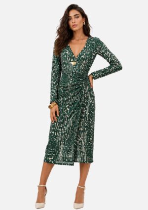 Vestido Transpassado Manga Longa Midi Verde Maria.Valentina