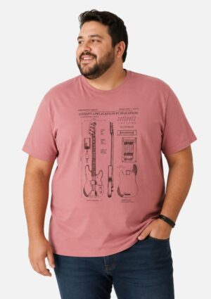 Camiseta Masculina Plus Size Meia Malha De Algodão Rose Estampa Guitarras Malwee